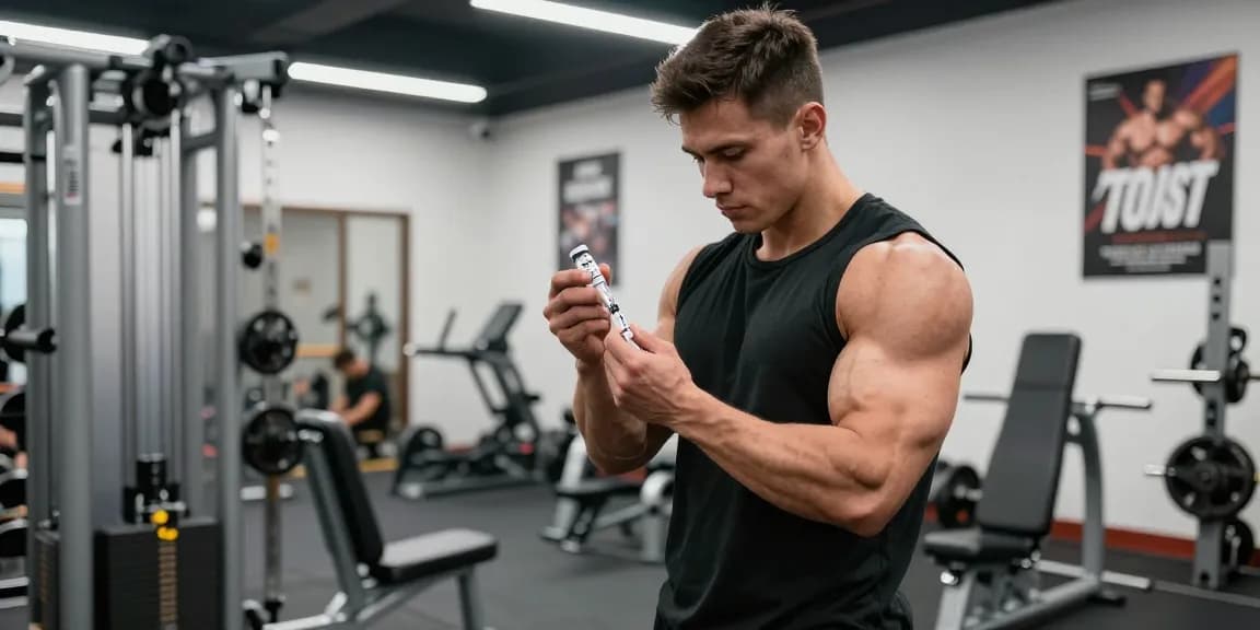 Anabolika Shop für Bodybuilder zeigt eine korrekte Injektionstechnik für Steroide im Fitnessstudio.