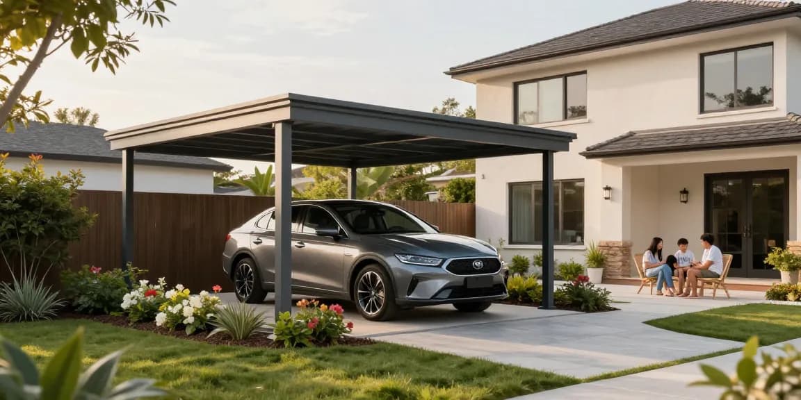 Moderne Carport-Anlage mit schickem Fahrzeug und einladendem Gartenbereich, ideal für Schutz und Funktionalität.