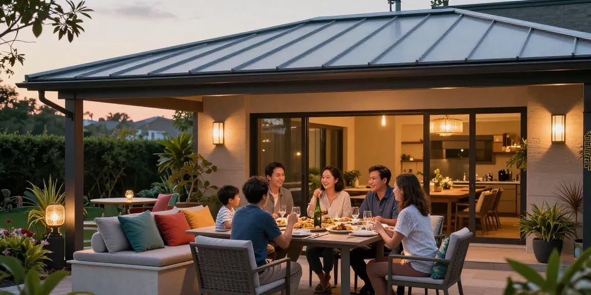Moderne Terrassenüberdachung mit Familie, die ein Abendessen im Freien genießt.