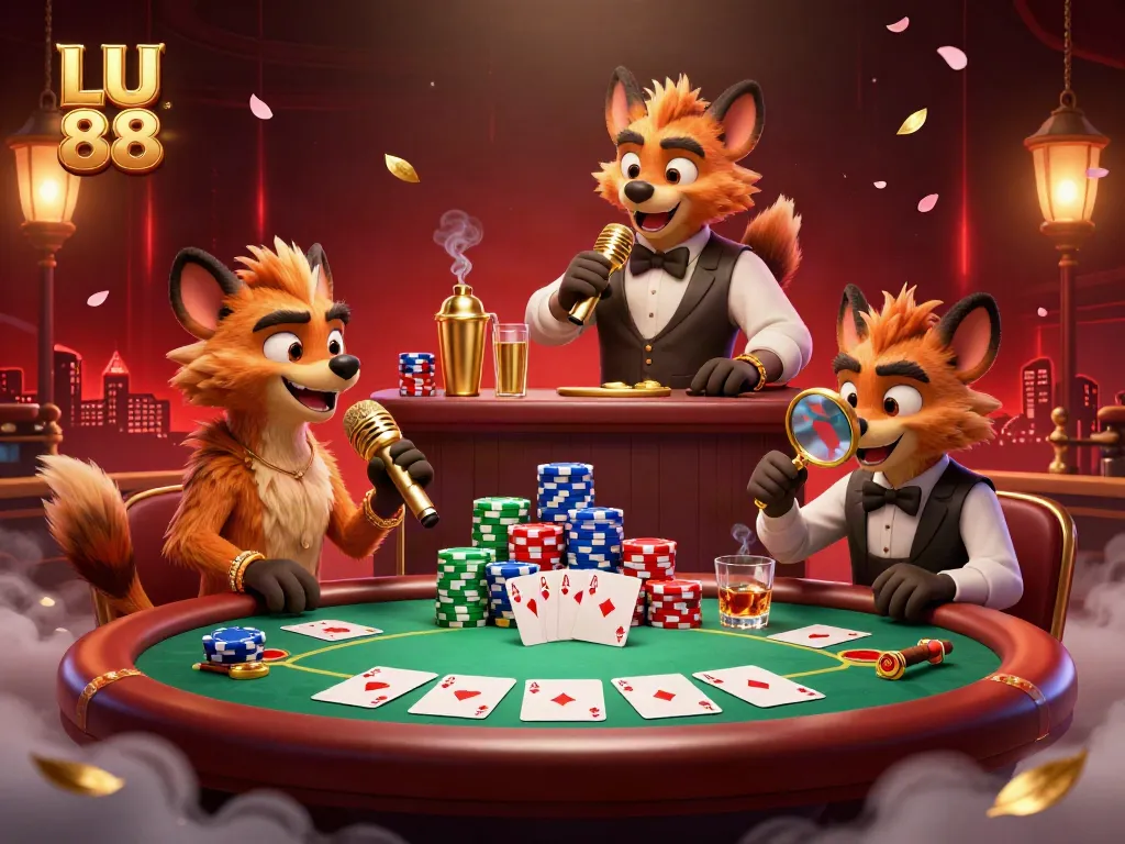 Hyenas entertaining in a LU 88 comedy casino scene with a vibrant atmosphere and lively characters.