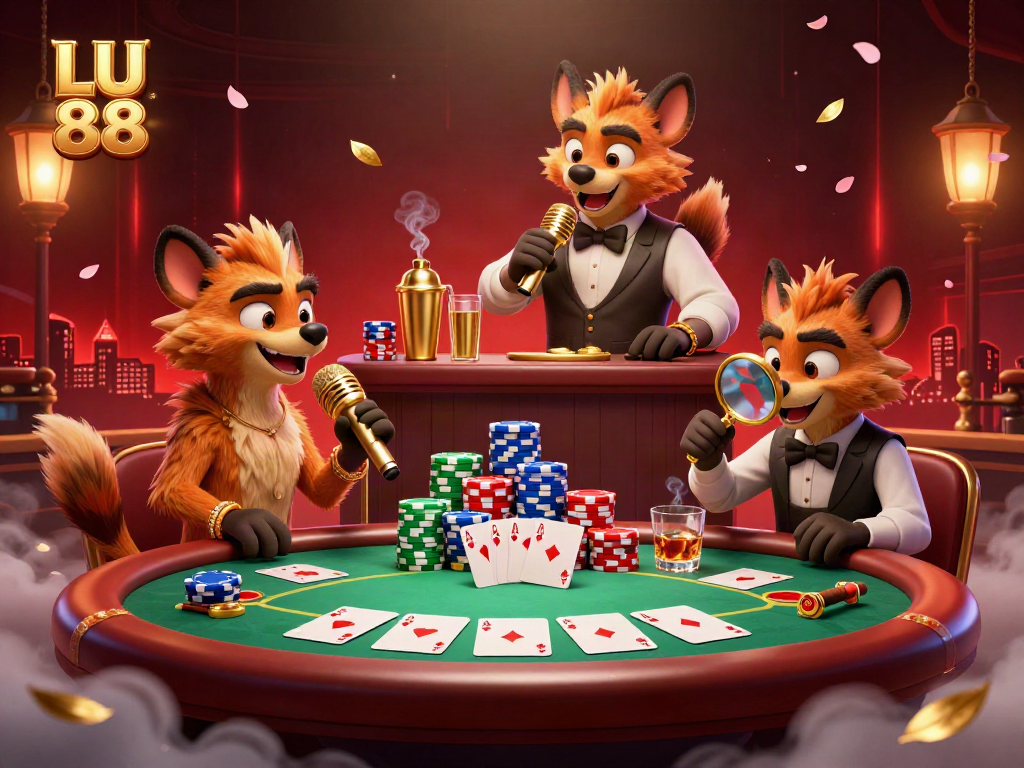 Hyenas entertaining in a LU 88 comedy casino scene with a vibrant atmosphere and lively characters.