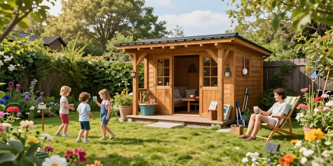Gemütliches Gartenhaus umgeben von blühenden Blumen im Garten, Familien entspannen und genießen die Sonne.