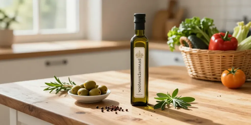 Schwarzkümmelöl von Naturzade in einer gemütlichen Küche mit frischen Kräutern und Gewürzen.