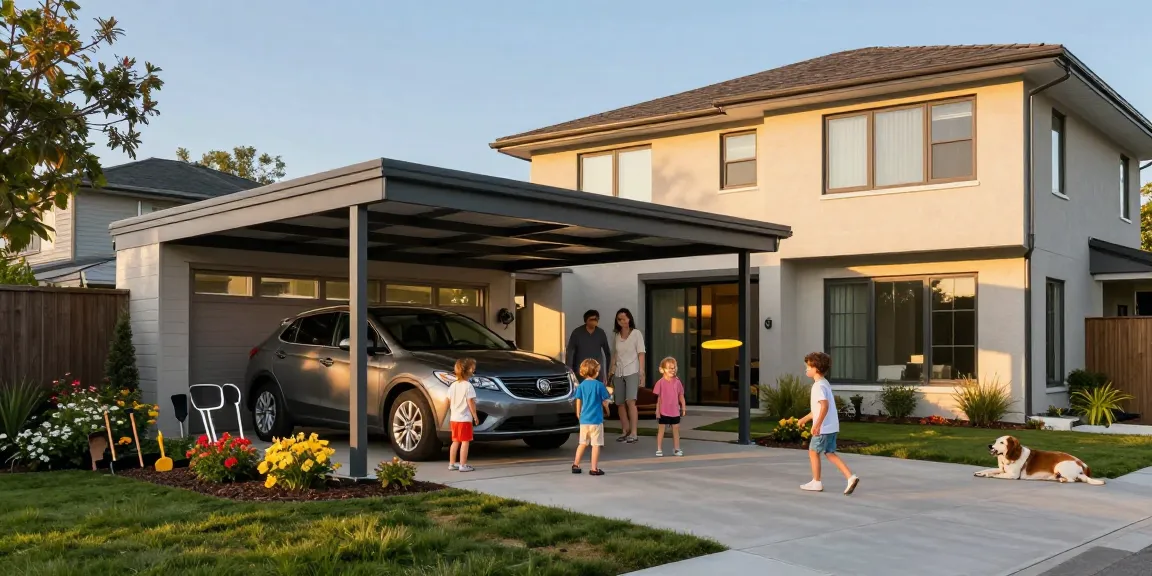 Moderne Carport-Installation in einem Wohngebiet mit spielenden Kindern und einem ruhigen Familienleben.
