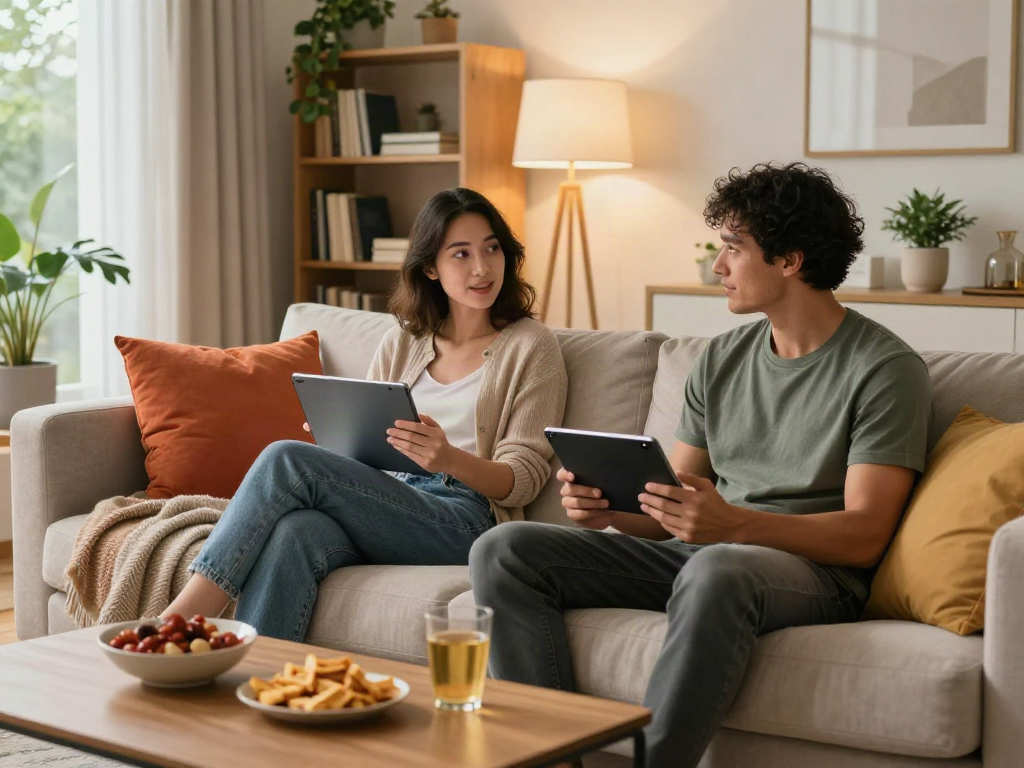 Couple enjoying spicy AI chat on smart devices in a cozy living room