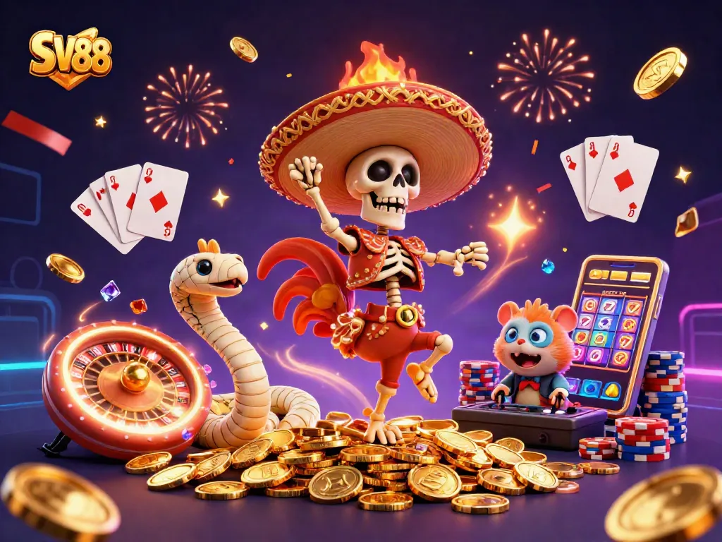 Engaging SV88 3D casino scene featuring characters celebrating amidst exciting gambling elements.