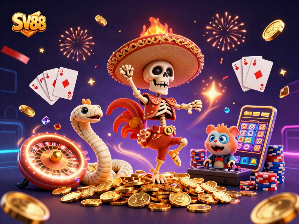 Engaging SV88 3D casino scene featuring characters celebrating amidst exciting gambling elements.