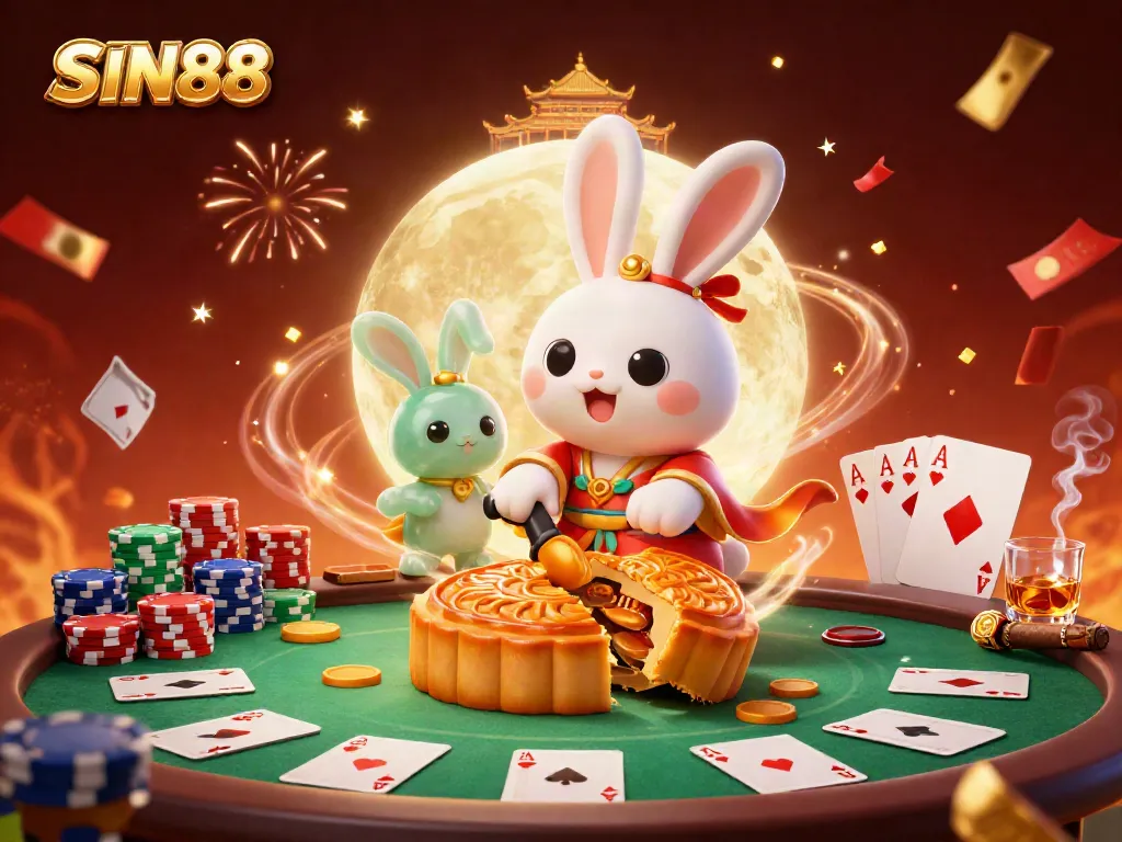 SIN88 showcases a dynamic 3D scene of a rabbit celebrating poker wins on the moon with poker chips.