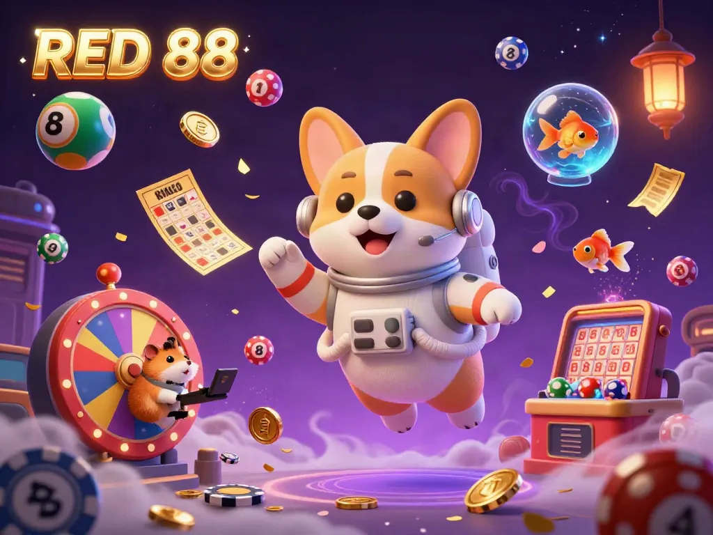 Engage in thrilling gaming at RED 88 with colorful lottery balls and a captivating casino scene.