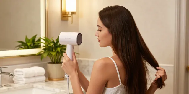 Frau nutzt den Laifen Air Pro Haartrockner in einem eleganten Badezimmer mit luxuriösem Dekor.