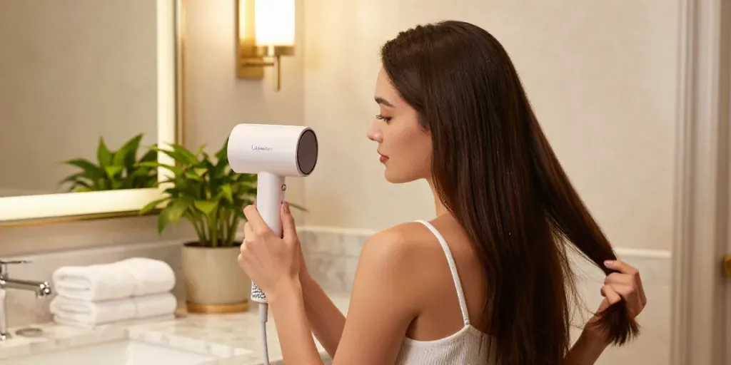Frau nutzt den Laifen Air Pro Haartrockner in einem eleganten Badezimmer mit luxuriösem Dekor.