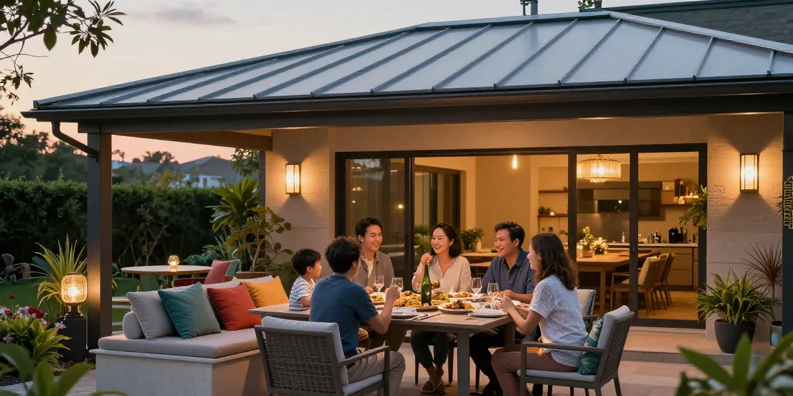Moderne Terrassenüberdachung mit Familie, die ein Abendessen im Freien genießt.
