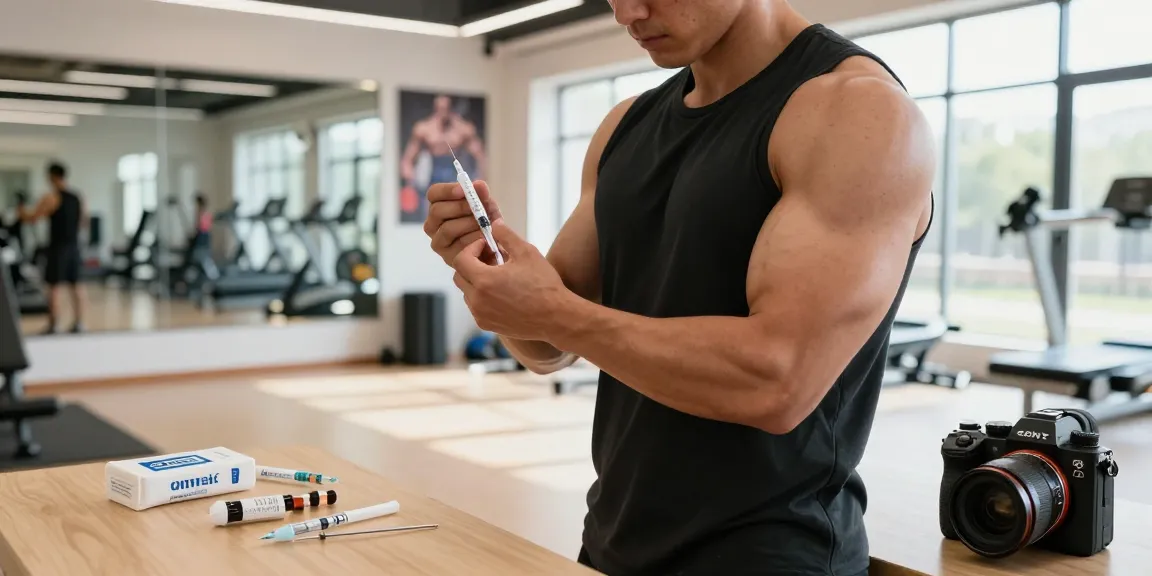 Professioneller Athlet spritzt Anabolika im Anabolika Shop während des Trainings.