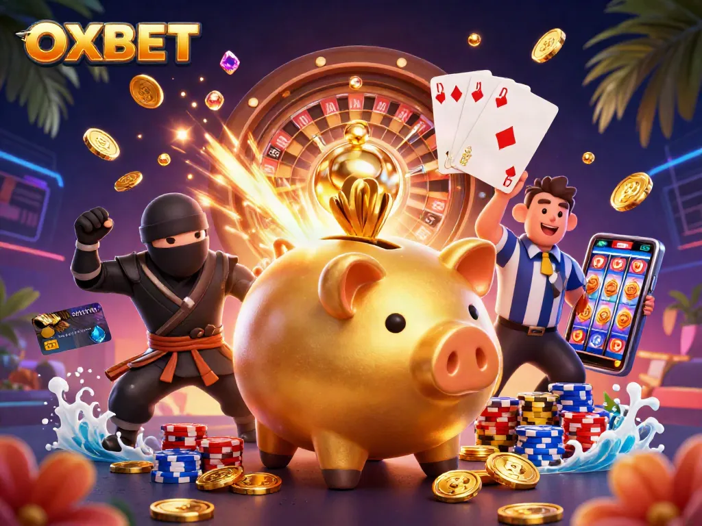 Engage in thrilling casino action at OXBET with a dynamic 3D illustration featuring a dramatic scene of characters and gambling elements.