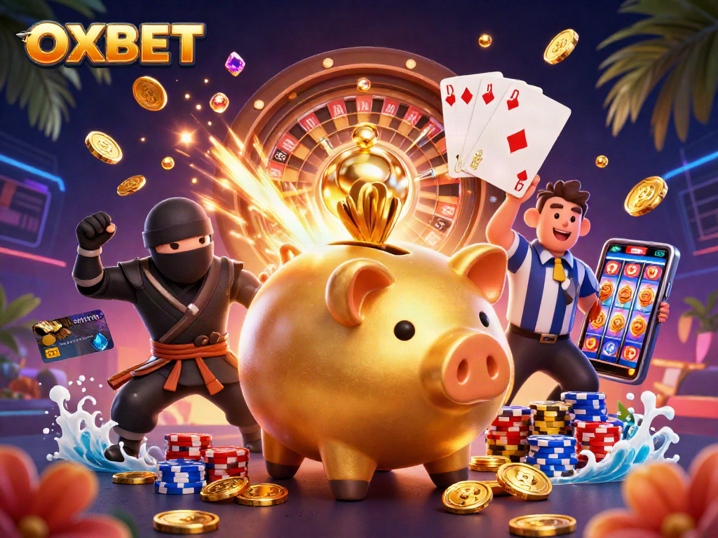 Engage in thrilling casino action at OXBET with a dynamic 3D illustration featuring a dramatic scene of characters and gambling elements.