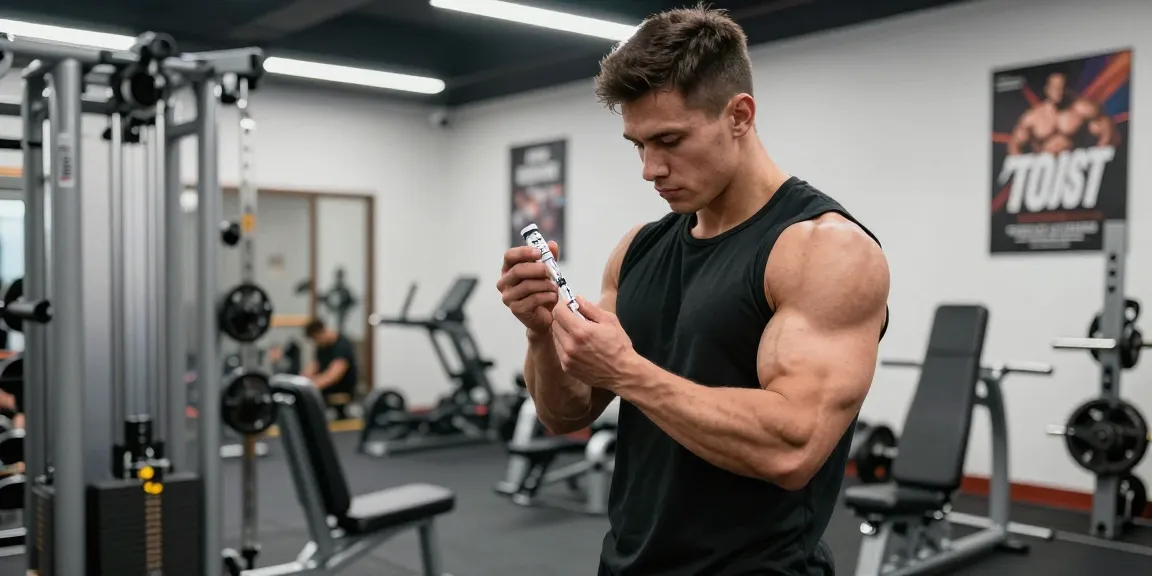 Anabolika Shop für Bodybuilder zeigt eine korrekte Injektionstechnik für Steroide im Fitnessstudio.
