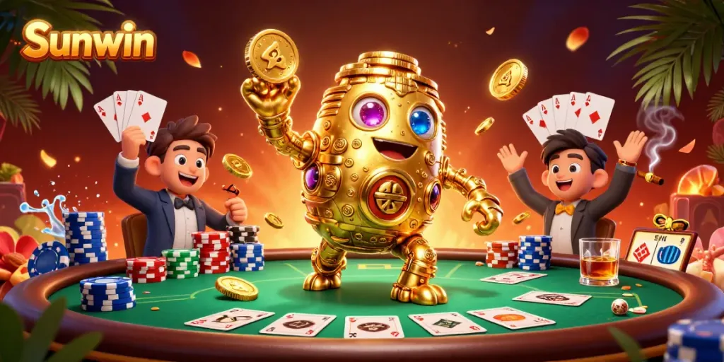 Engage in thrilling gaming at Sunwin with vibrant casino elements and a golden golem.