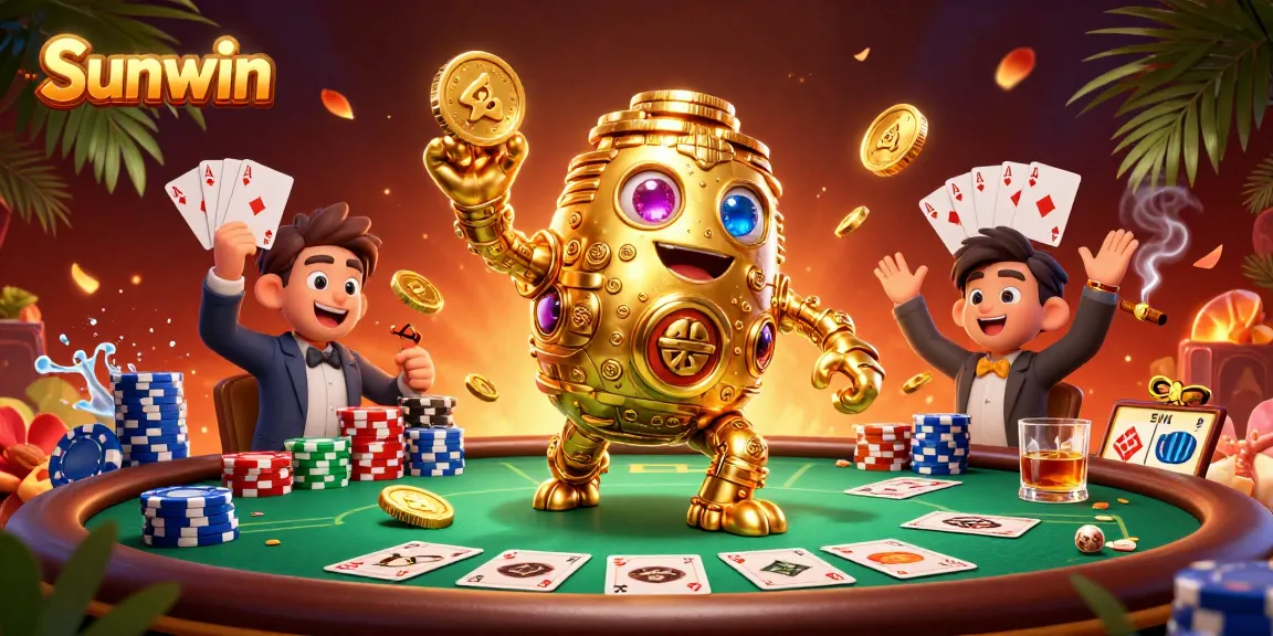 Engage in thrilling gaming at Sunwin with vibrant casino elements and a golden golem.