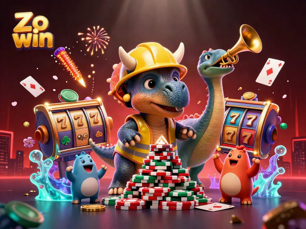 Zo win casino scene with a cartoon triceratops making poker chip pyramids and celebrating