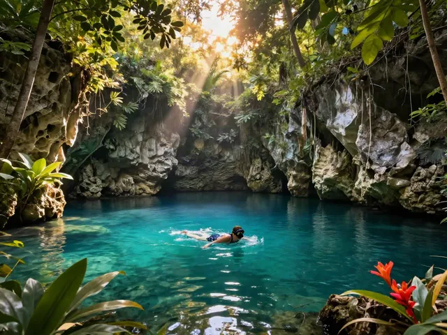 Wasser, das die Entstehung der Cenoten zeigt, mit einem Abenteurer beim Schnorcheln inmitten üppiger Dschungelpflanzen in Yucatán.