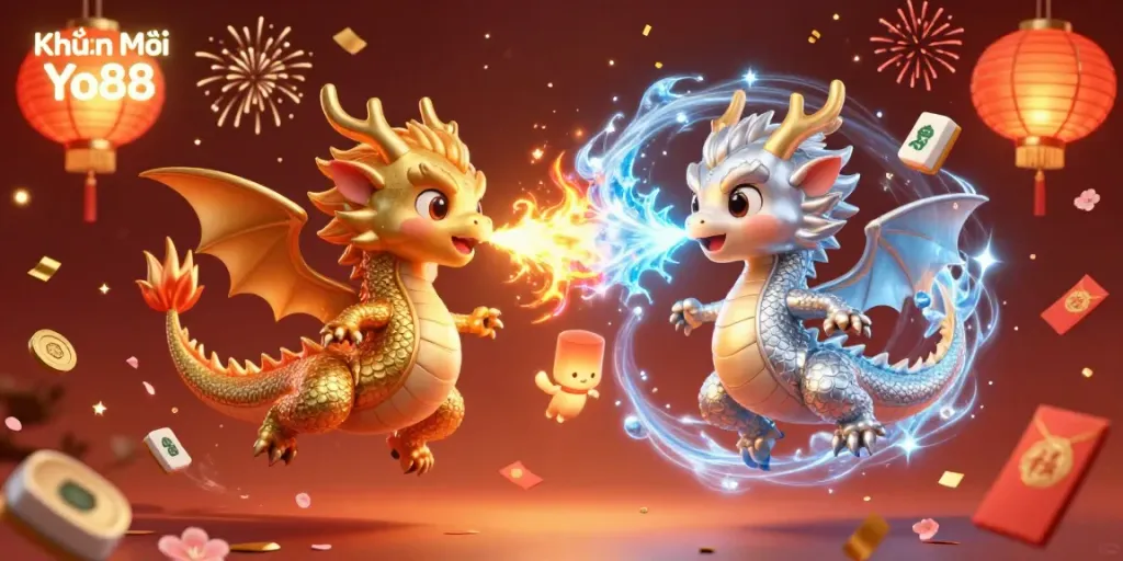 Experience the thrilling Khuyến Mãi Yo88 with flaming dragons and glowing symbols of luck.