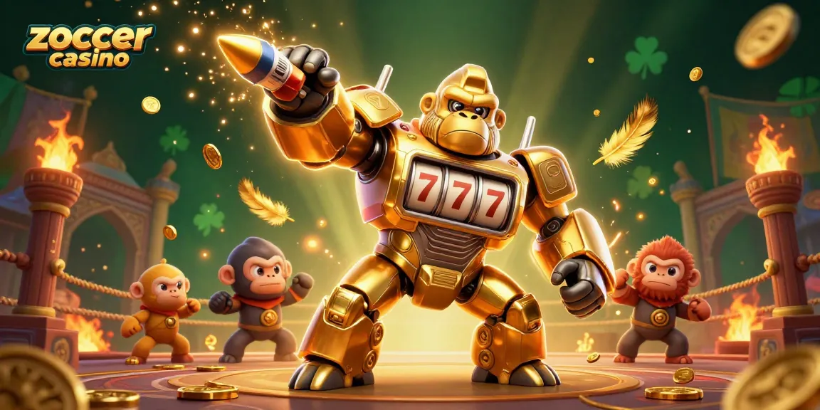 Zoccer casino illustrates a thrilling gaming experience with a golden mech, vibrant casino elements, and dynamic action.