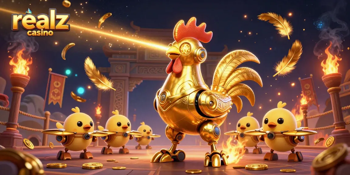 Engage with realz casino as golden rooster robot beams golden patterns, surrounded by dynamic gaming elements.