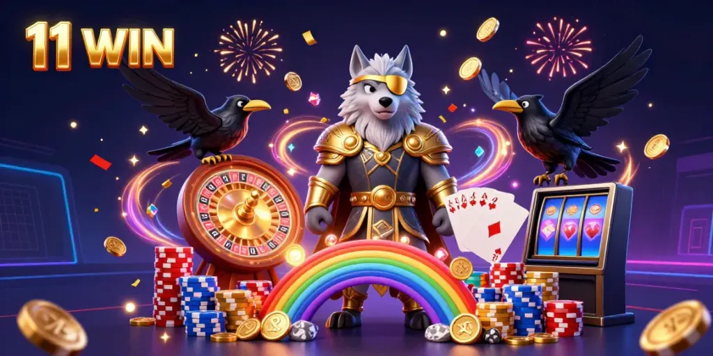 Experience thrilling wins at 11 WIN with Odin and his ravens amidst a vibrant casino-themed scene.
