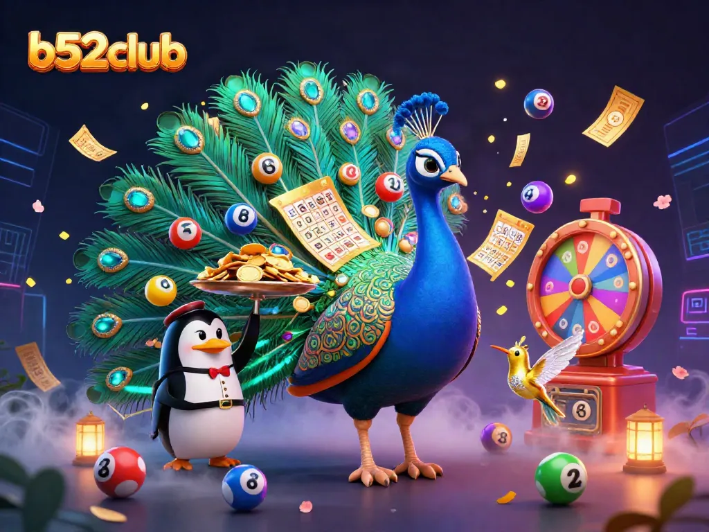 Spin and win with b52club as a peacock, penguin, and hummingbird celebrate in a vibrant casino.
