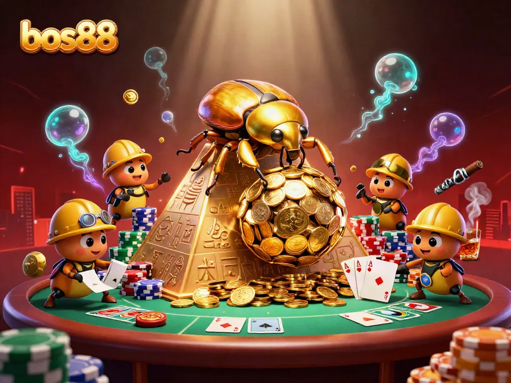 Experience the excitement of bos88 as the massive golden dung beetle rolls coins amid a vibrant casino scene.
