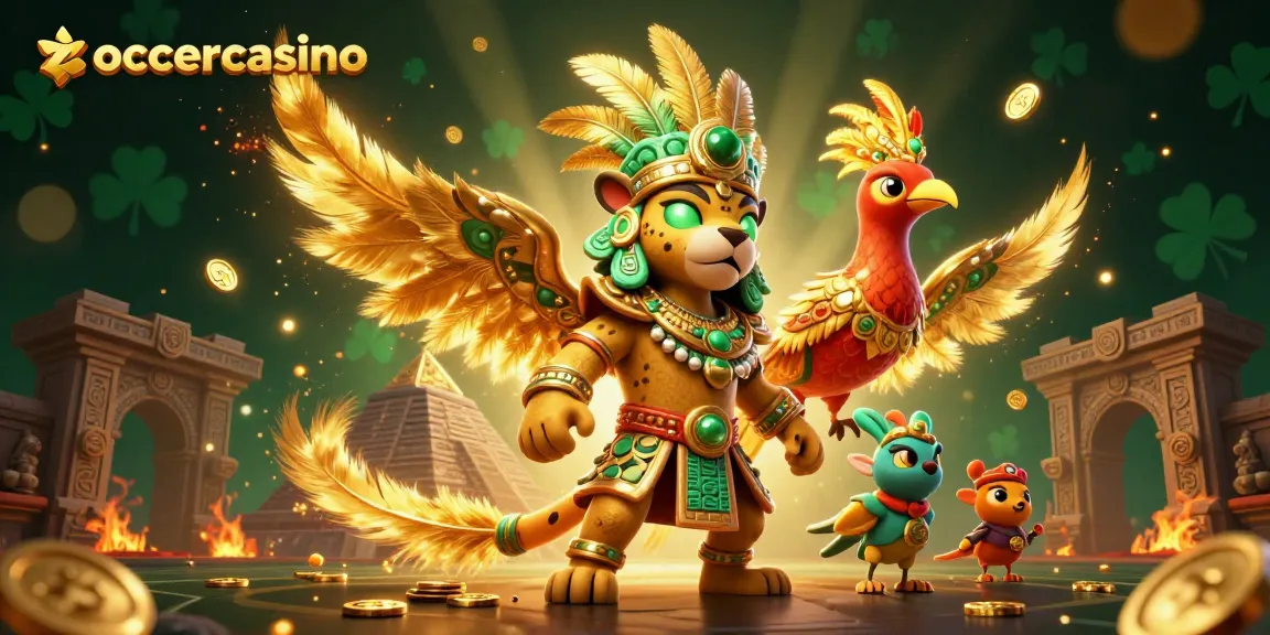 Impression vom zoccercasino mit Maya-Jaguar-Priester und Quetzalvogel, umgeben von Goldmünzen und atmosphärischen Effekten.