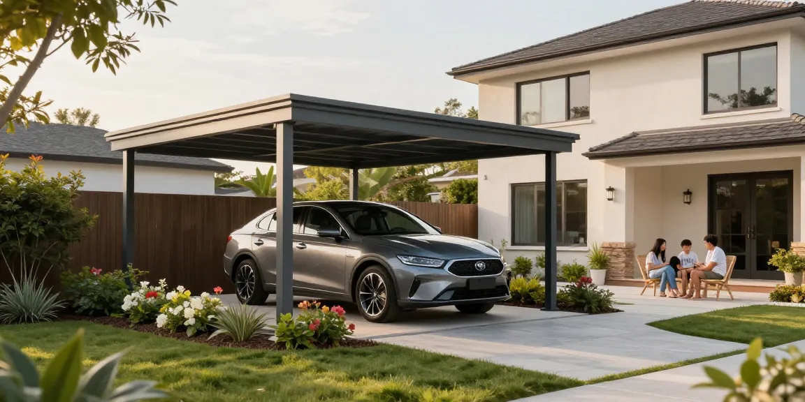 Moderne Carport-Anlage mit schickem Fahrzeug und einladendem Gartenbereich, ideal für Schutz und Funktionalität.