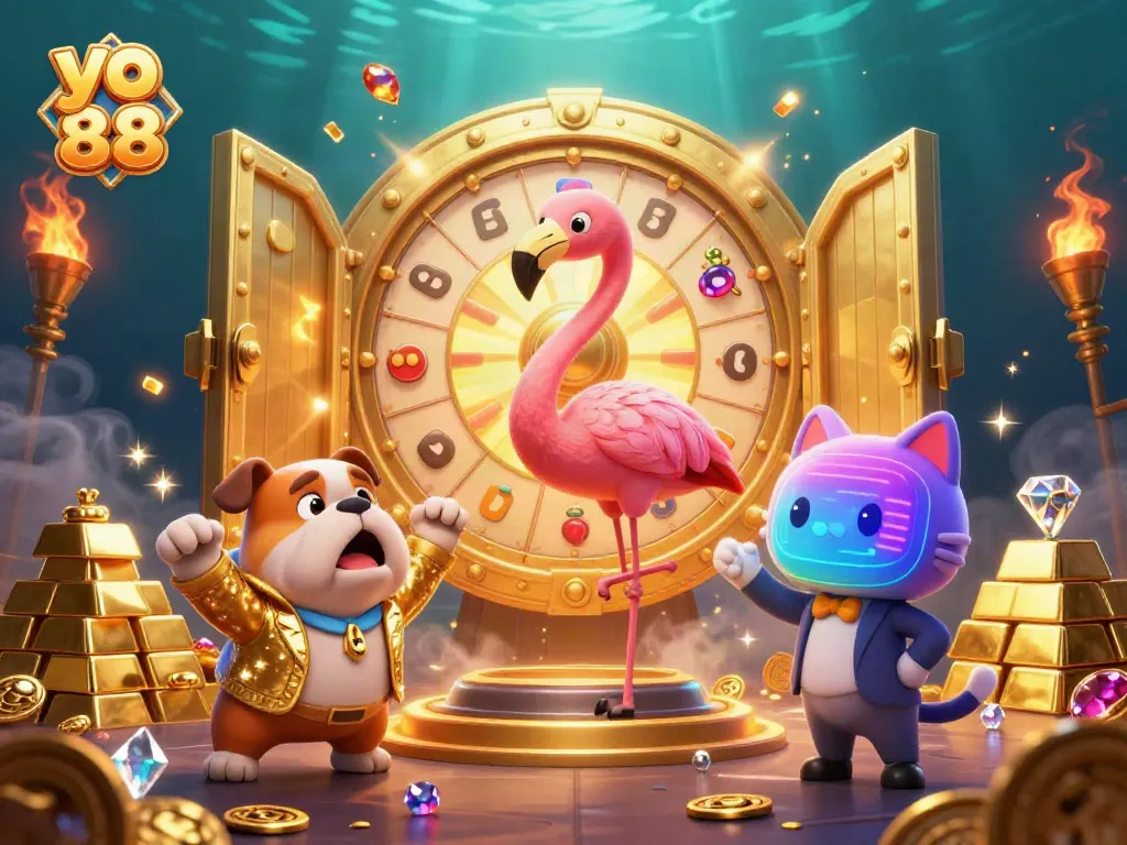 Experience the excitement of yo 88 with a vibrant illustration showcasing an energetic game show scene full of treasures.