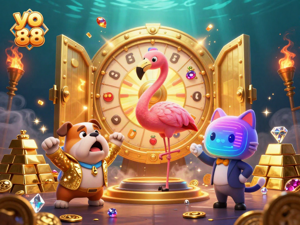 Experience the excitement of yo 88 with a vibrant illustration showcasing an energetic game show scene full of treasures.