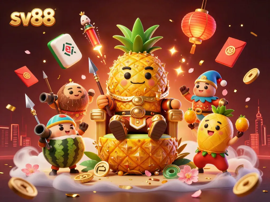 Engaging 3D scene showcasing sv88 with a cartoon pineapple king and lively casino themes including mahjong tiles and golden coins.