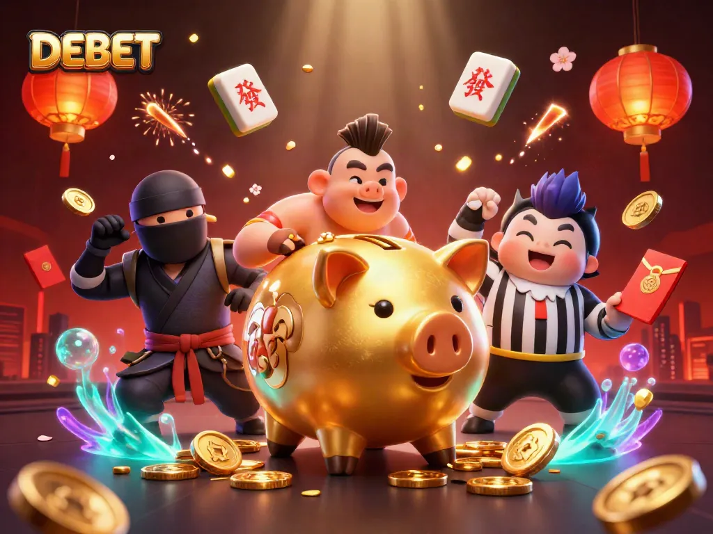 Challenge your luck with DEBET's vibrant casino arena featuring a sumo piggy bank and ninja.