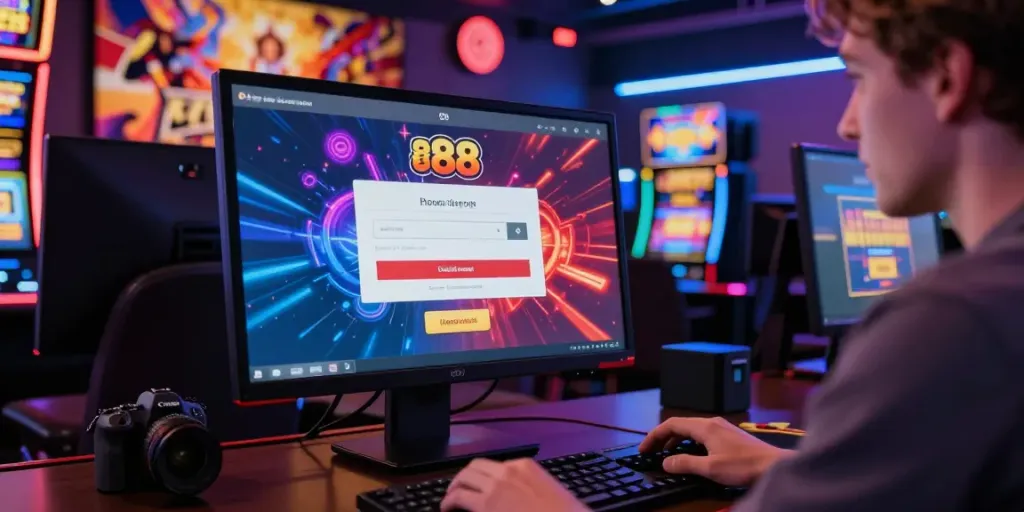 Engaged player using slot88 login on a sleek computer amid a lively gaming atmosphere with neon lighting.