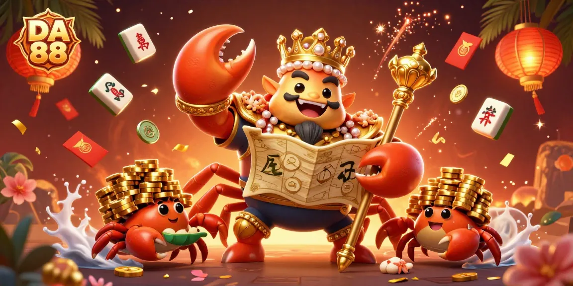 Experience high-stakes gaming with DA 88's golden crab emperor amidst riches and vibrant casino elements.