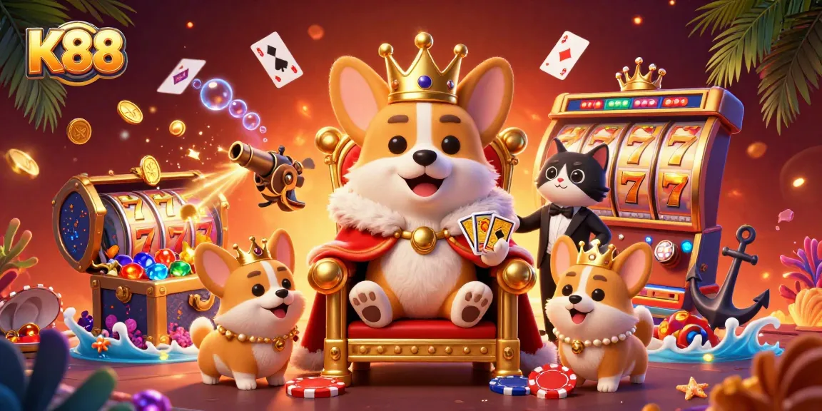K88 corgi king reigns over a vibrant casino scene filled with slot reels and gold coins