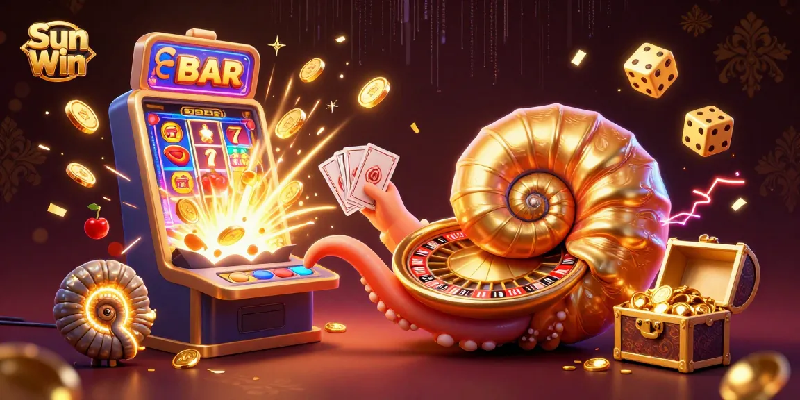 Sun Win offers an exciting casino experience with a giant nautilus roulette wheel and dynamic slot machine elements.