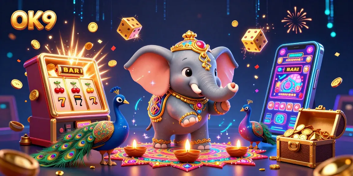 Experience exciting jackpots at OK9 with dynamic 3D visuals of vibrant casino elements.