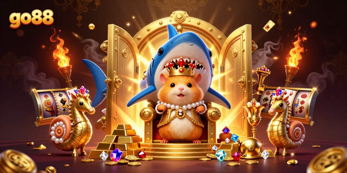 Join the excitement of go 88 with an illustration of a mighty hamster king on a megalodon throne amidst casino treasures.